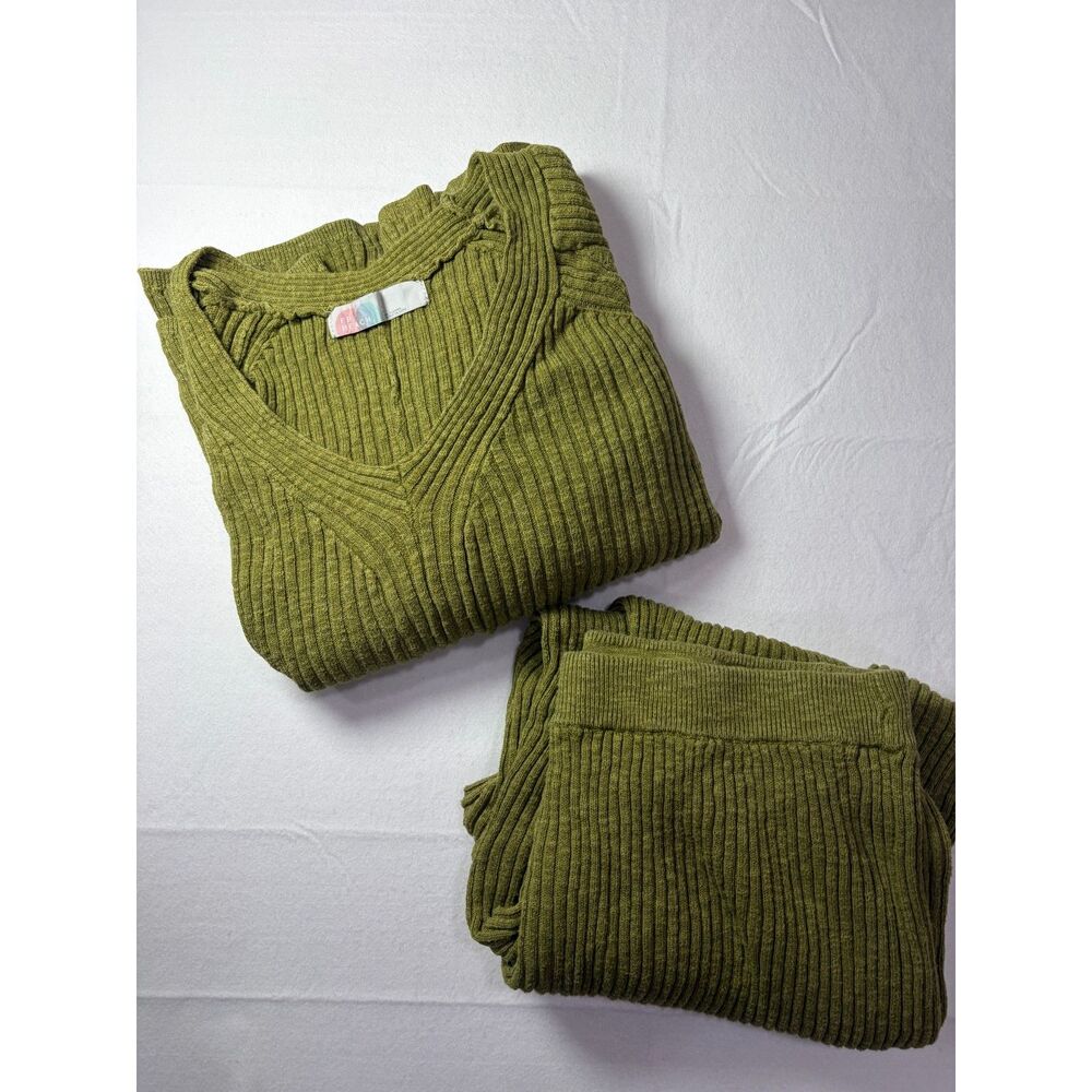 Free People FP Beach Ribbed Knit Sweater & Pants Set Olive Green Women Large
